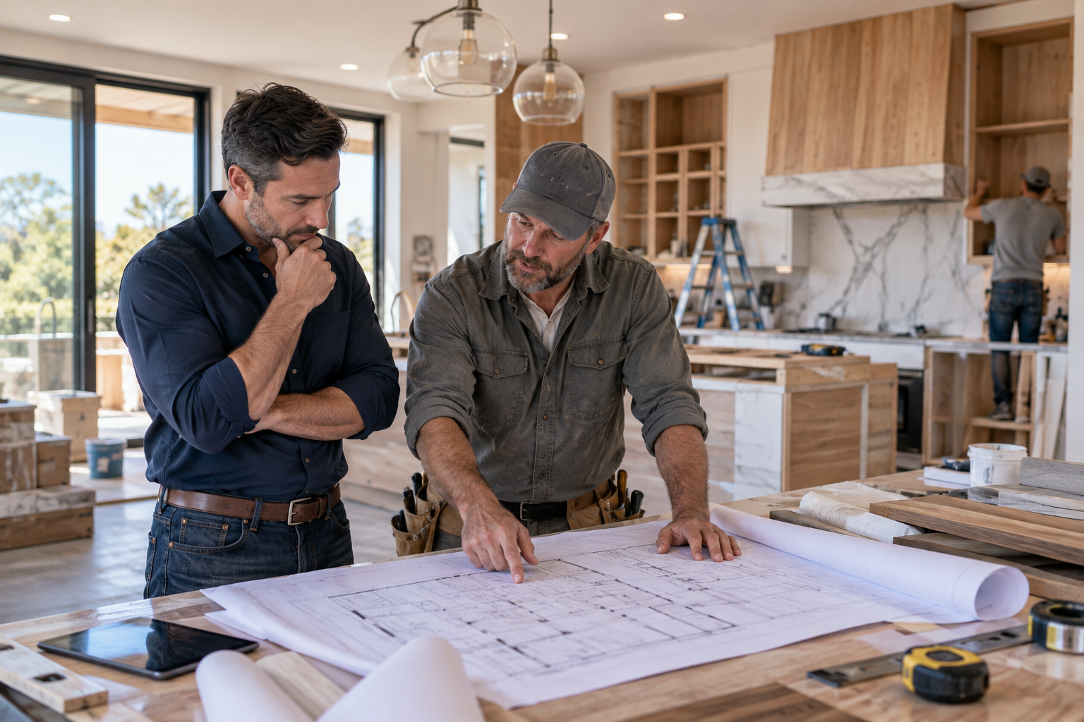 Real estate investor and contractor reviewing renovation plans during a California kitchen remodel