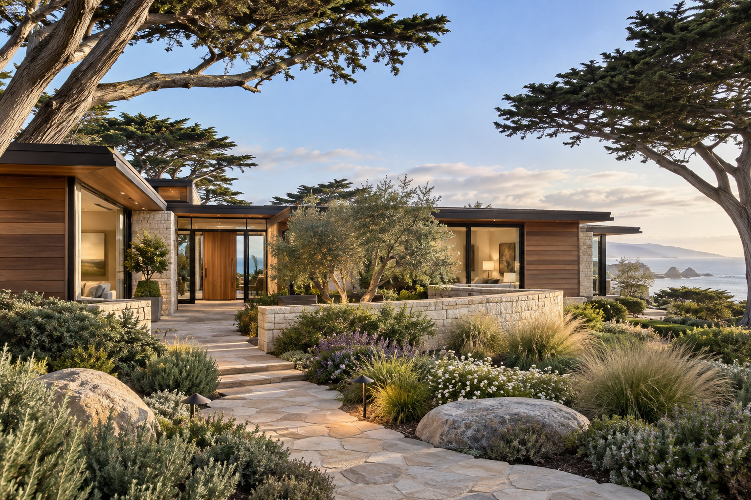 California coastal home with cedar siding, stone walls and a sunlit courtyard overlooking the ocean